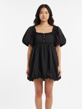 Free People Black Puff-Sleeve Square-Neck Mini Dress with Bubble Hem